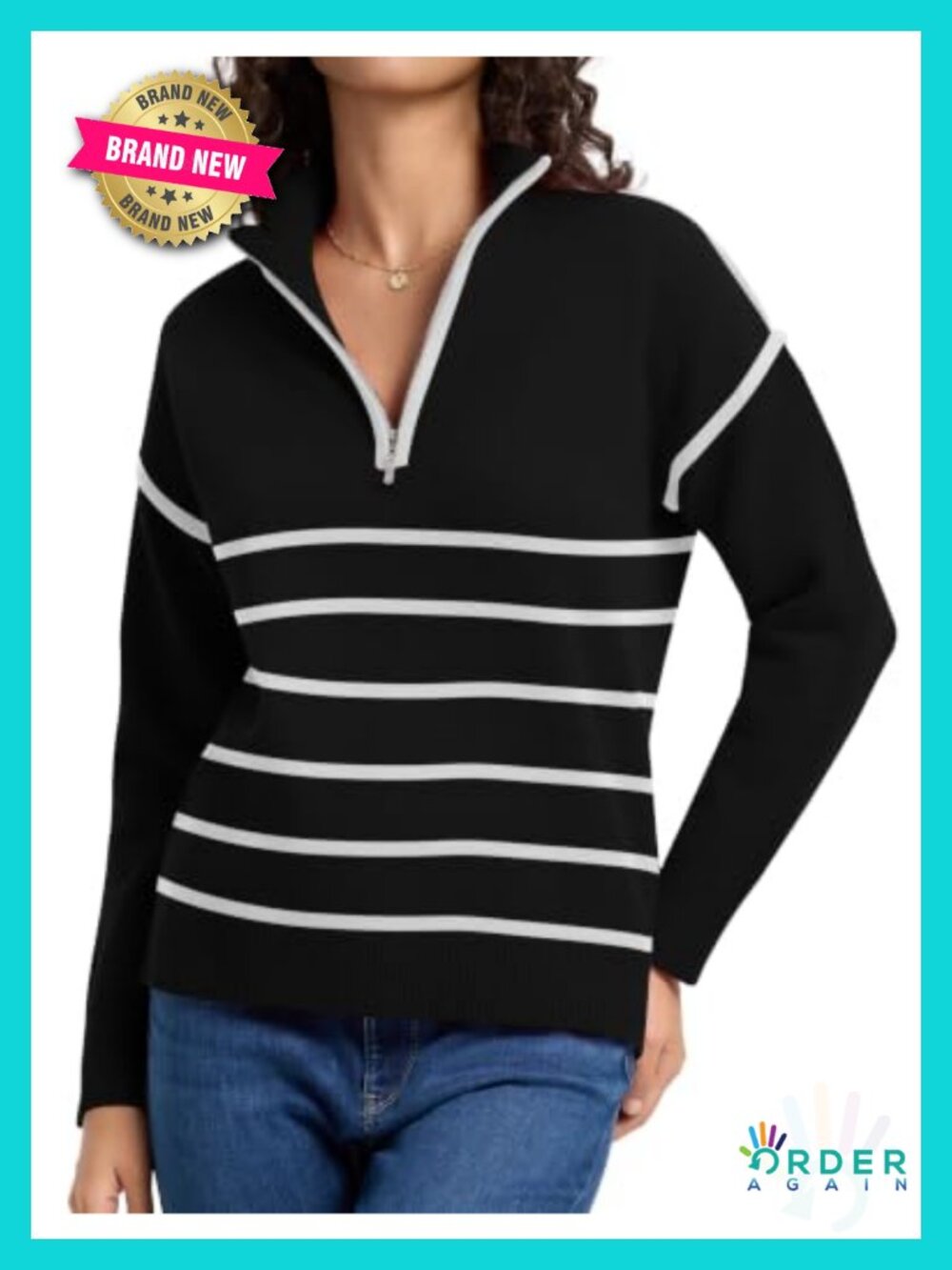 Quarter Zip Pullover Sweater Women Long Sleeve Striped Knit Top